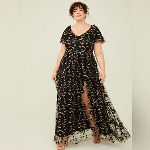 ARULA Black and Gold Floral appliqué Dress